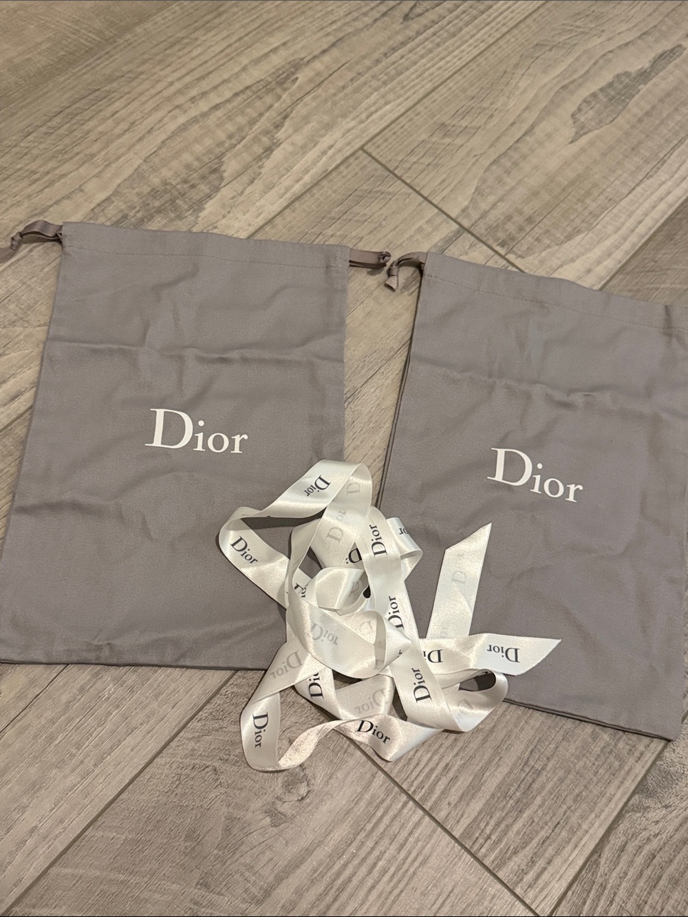 DIOR Two Gray Draw String Dust Bags with Ribbon Luxury Shoes Trendy Style